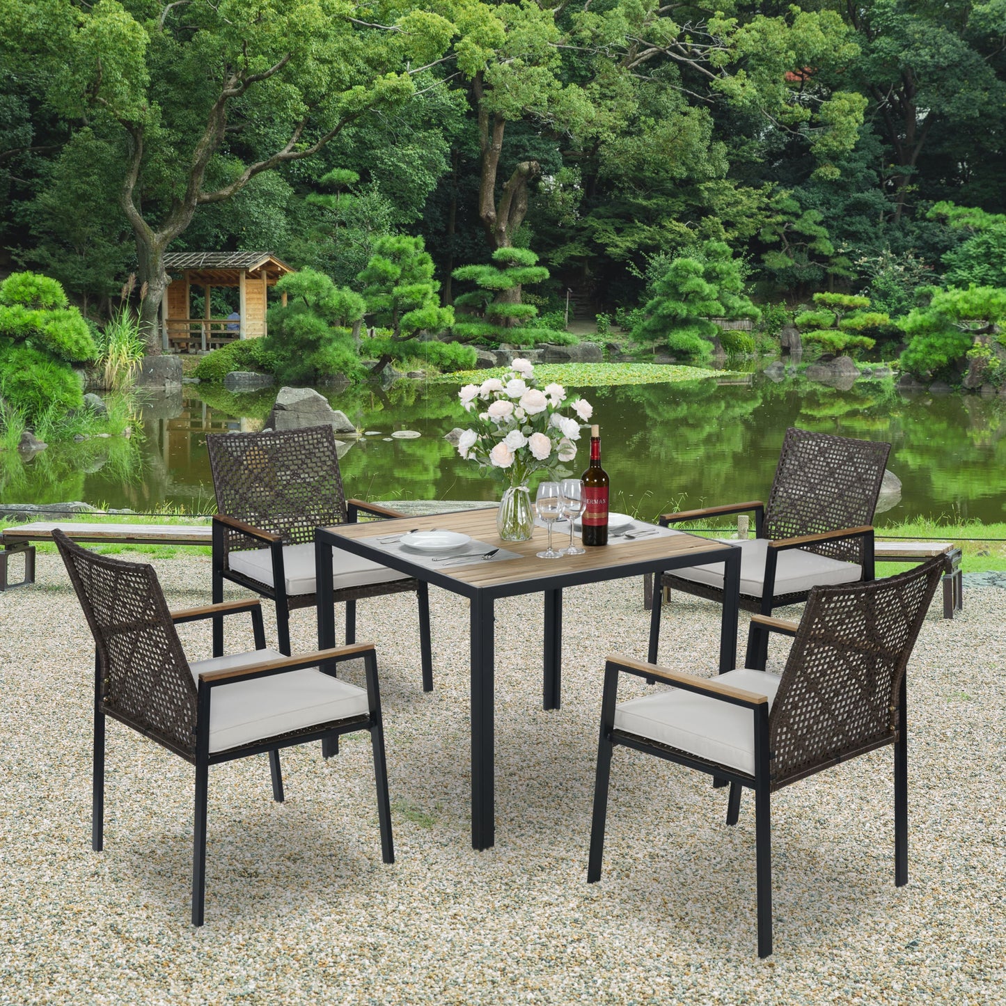 All Weather 5 Piece Patio Dining Table Set, Acacia Wood Table Top With Umbrella Hole, Rattan Outdoor - Coffee Brown