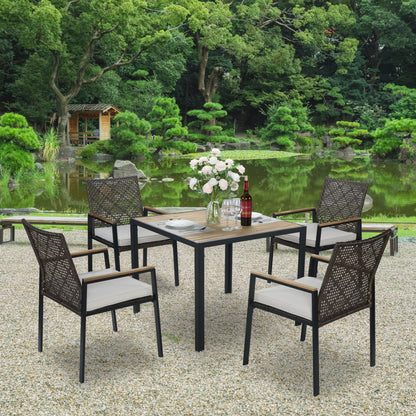 All Weather 5 Piece Patio Dining Table Set, Acacia Wood Table Top With Umbrella Hole, Rattan Outdoor - Coffee Brown