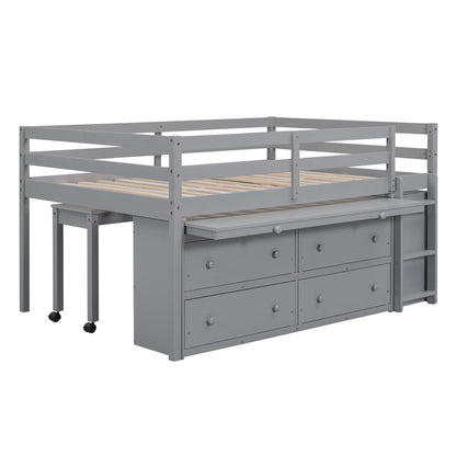 Full Size Loft Bed With Retractable Writing Desk And 4 Drawers, With Lateral Portable Desk And Shelves - Gray