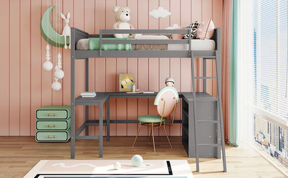 Full Size Loft Bed With Shelves With Desk - Gray