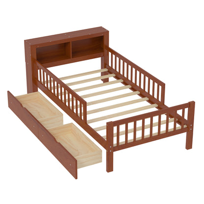 Twin Size Bed With Headboard Storage Rack, 2 Under Bed Drawers, 3 - Side Guardrails For Safety And Security - Walnut