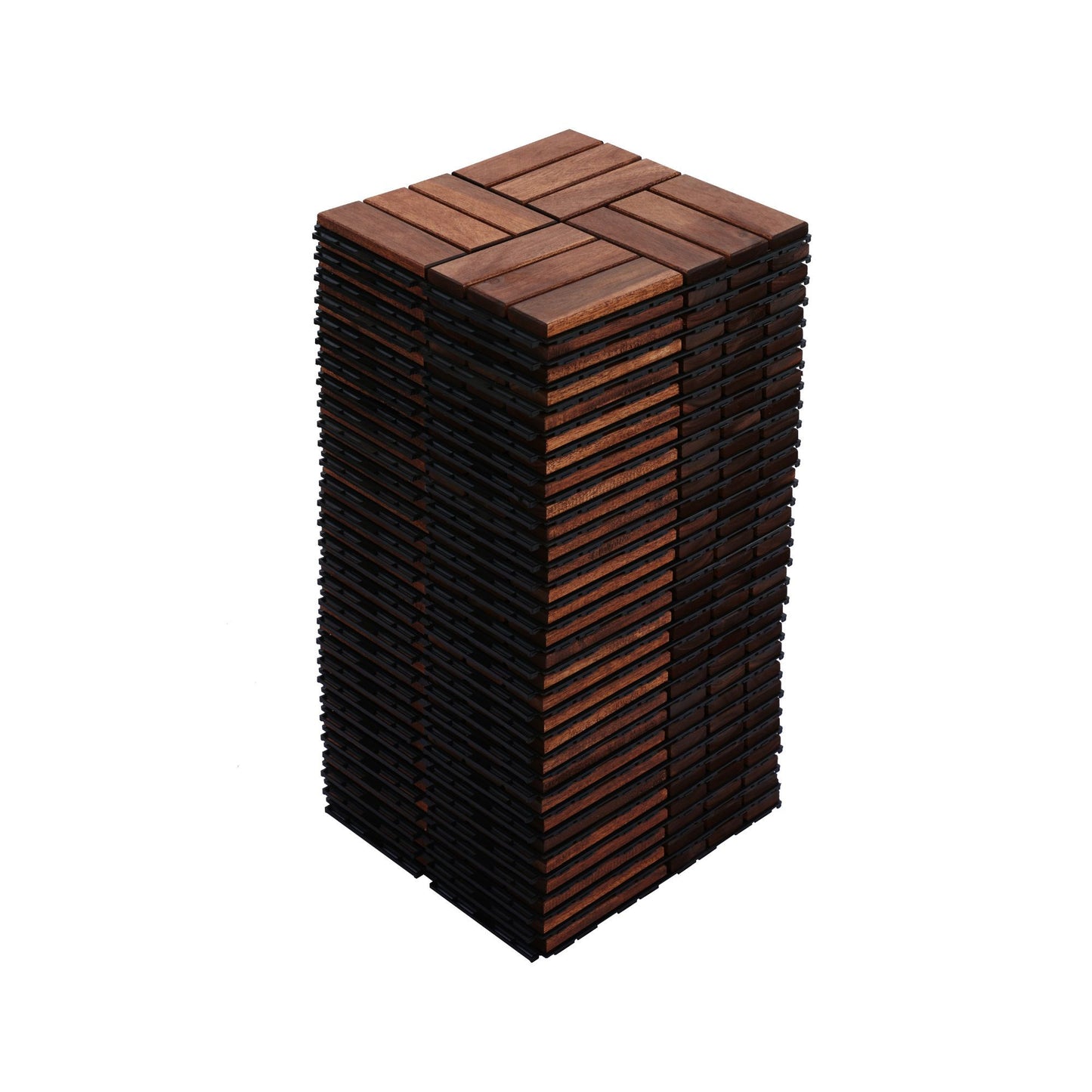 Acacia Wood Interlocking Deck Tiles Checker Pattern, 10 Piece Square Acacia Hardwood Outdoor Flooring For Patio, Bancony, Pool Side - Brown