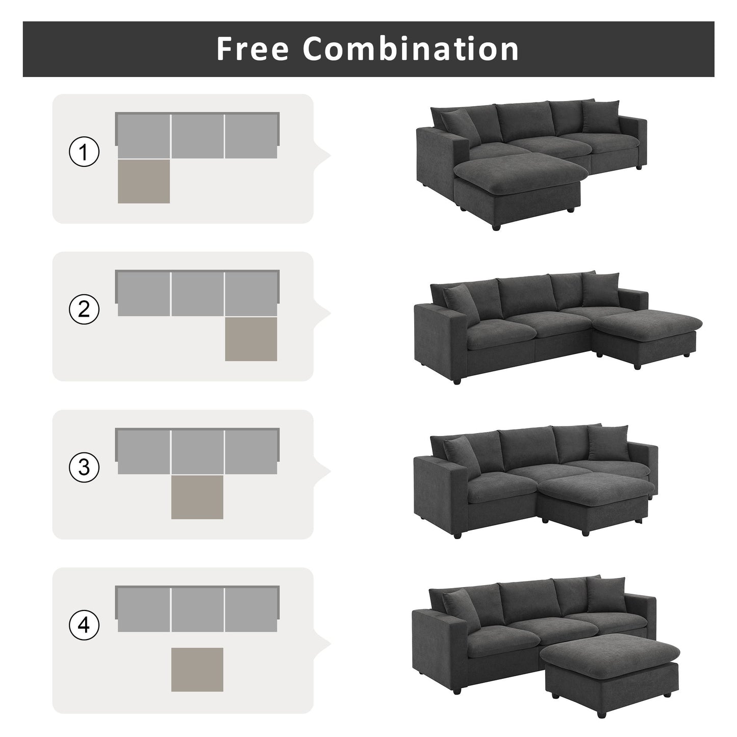 Modern Sectional Sofa, L-Shaped Couch Set With 2 Free Pillows, 4 Seat Polyester Fabric Couch Set With Convertible Ottoman - Dawn Gray
