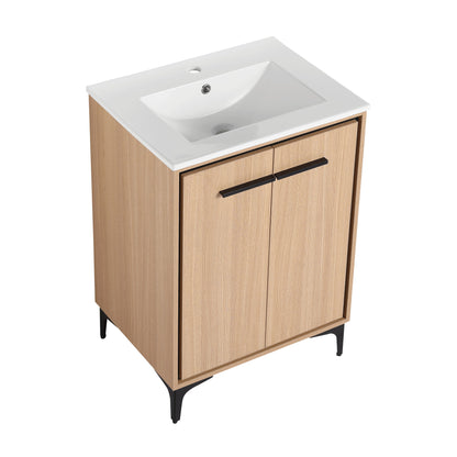 Modern 24" Bathroom Vanity Base With Basin And Storage Cabinet - Oak