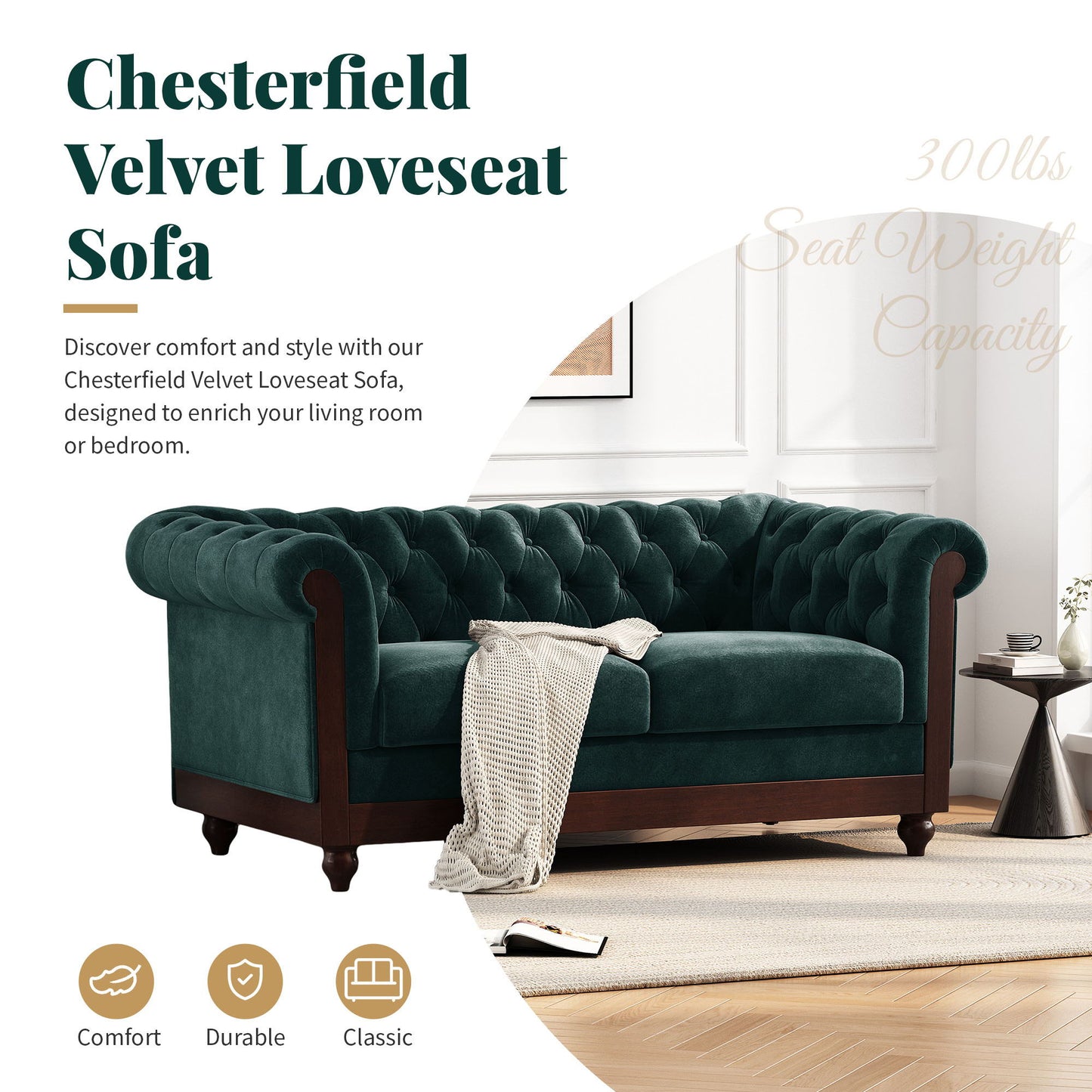 Chesterfield Velvet Loveseat Sofa 2 Person Rolled Arm Upholstered Couch - Forest Green
