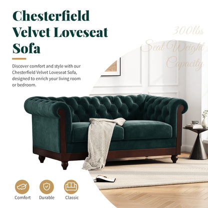 Chesterfield Velvet Loveseat Sofa 2 Person Rolled Arm Upholstered Couch - Forest Green