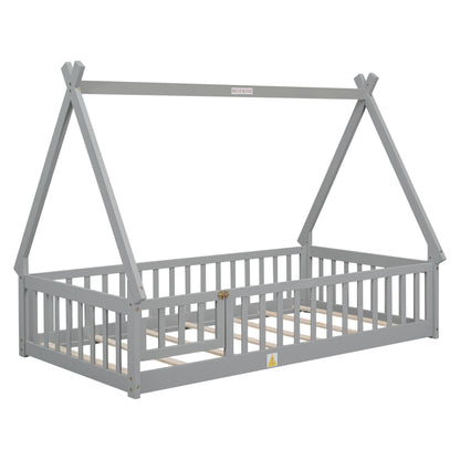 Twin Tent-Shaped Floor Bed, With Guardrails, Slats, Door - Gray