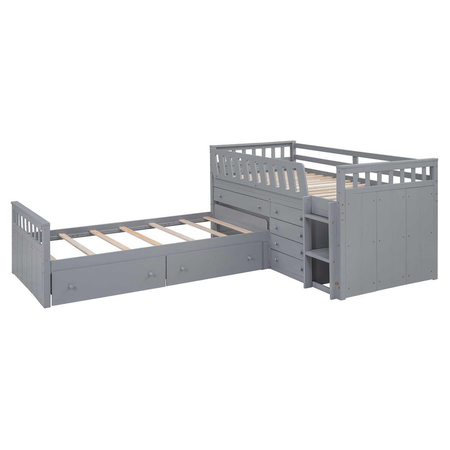 Twin Loft And Platform Bed With 7 Drawers And Full Guardrails, Modern L Shaped Space Saving - Gray