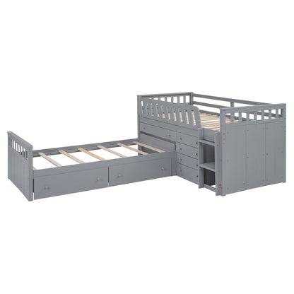 Twin Loft And Platform Bed With 7 Drawers And Full Guardrails, Modern L Shaped Space Saving - Gray