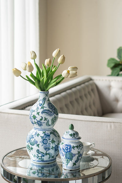 Round Side Table With Elegant Foral Design And Mirrored - Silver Multi
