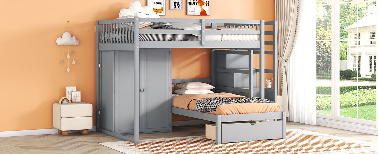 Full Over Twin Bunk Bed With Wardrobe, Drawers - Gray
