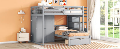 Full Over Twin Bunk Bed With Wardrobe, Drawers - Gray