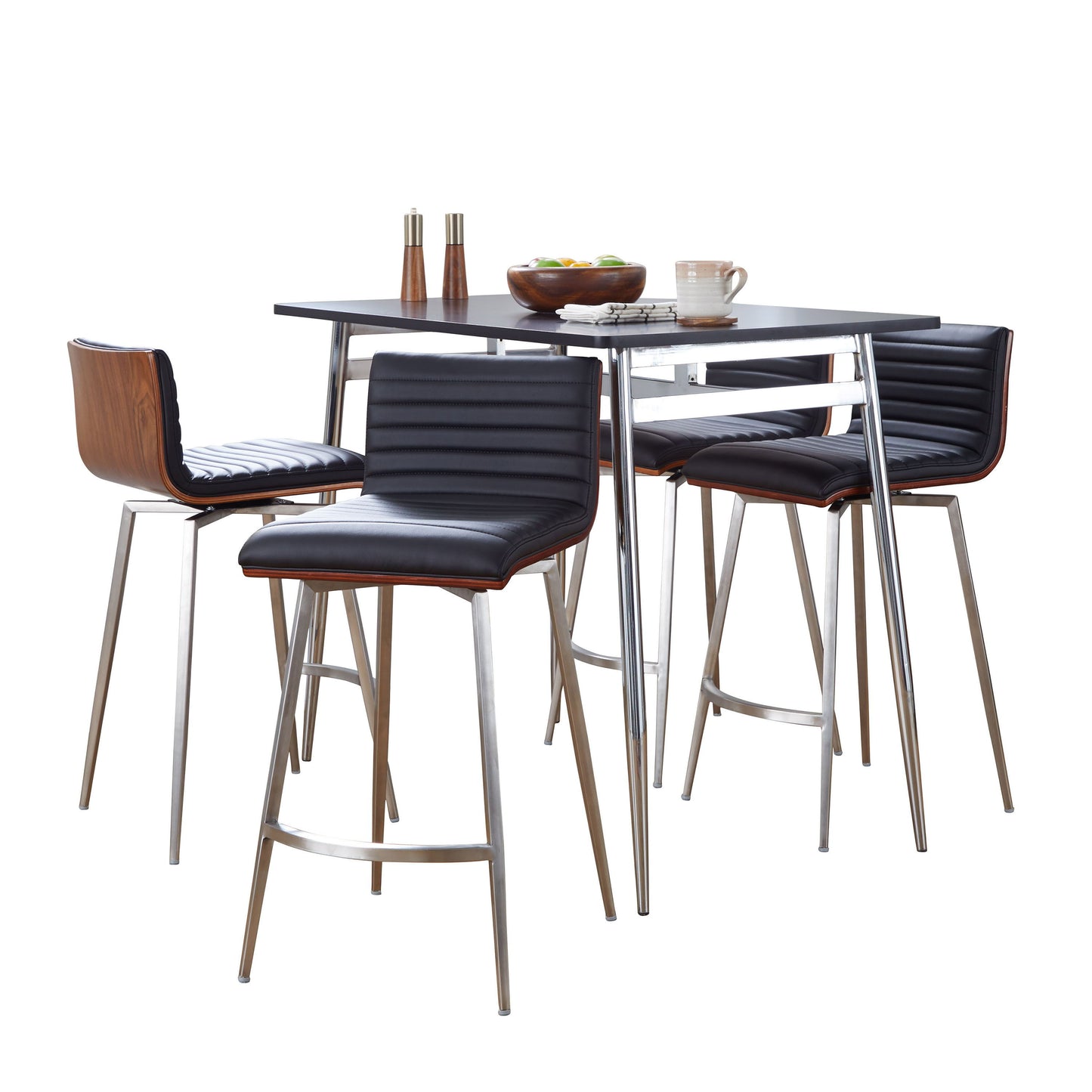 Marcel Mason - 5 Piece Swivel Contemporary Counter Height Dining Set - Chrome - Black / Walnut / Black