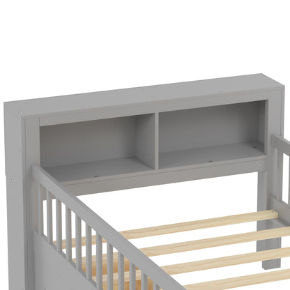 Twin Size Bed With Headboard Storage Rack, 2 Under Bed Drawers, 3 - Side Guardrails For Safety And Security - Gray