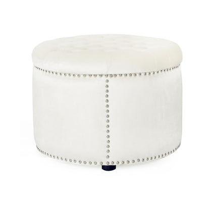 Elegant Round Ottoman With Studded Rim - Beige