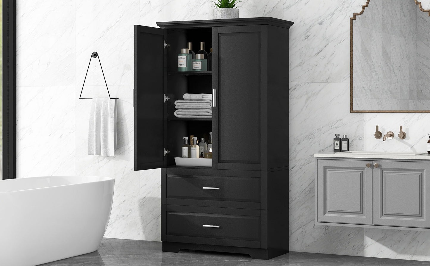 Tall Bathroom Storage Cabinet, Cabinet With 2 Doors And Drawers, Adjustable Shelf - Black