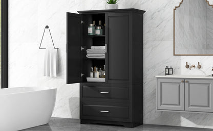 Tall Bathroom Storage Cabinet, Cabinet With 2 Doors And Drawers, Adjustable Shelf - Black