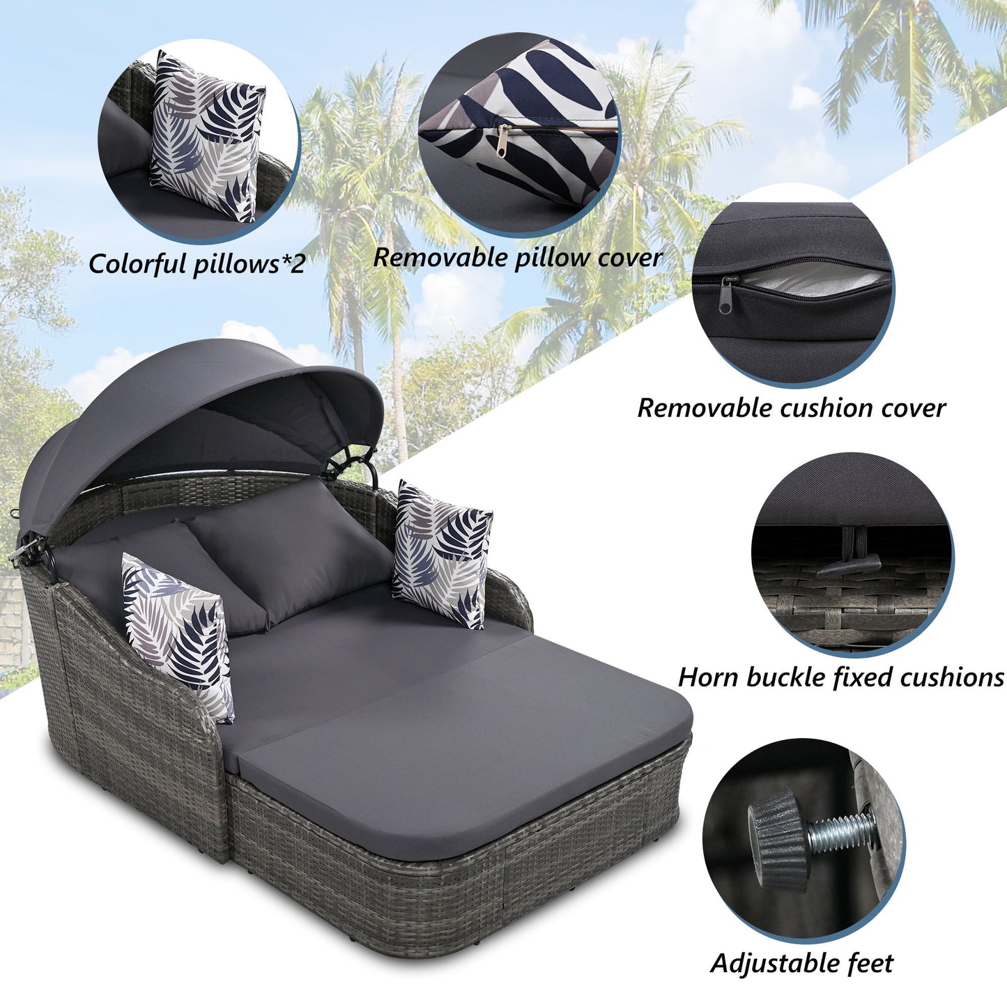 Outdoor Sunbed With Adjustable Canopy, Double Lounge, PE Rattan Daybed Wicker And Cushion - Gray