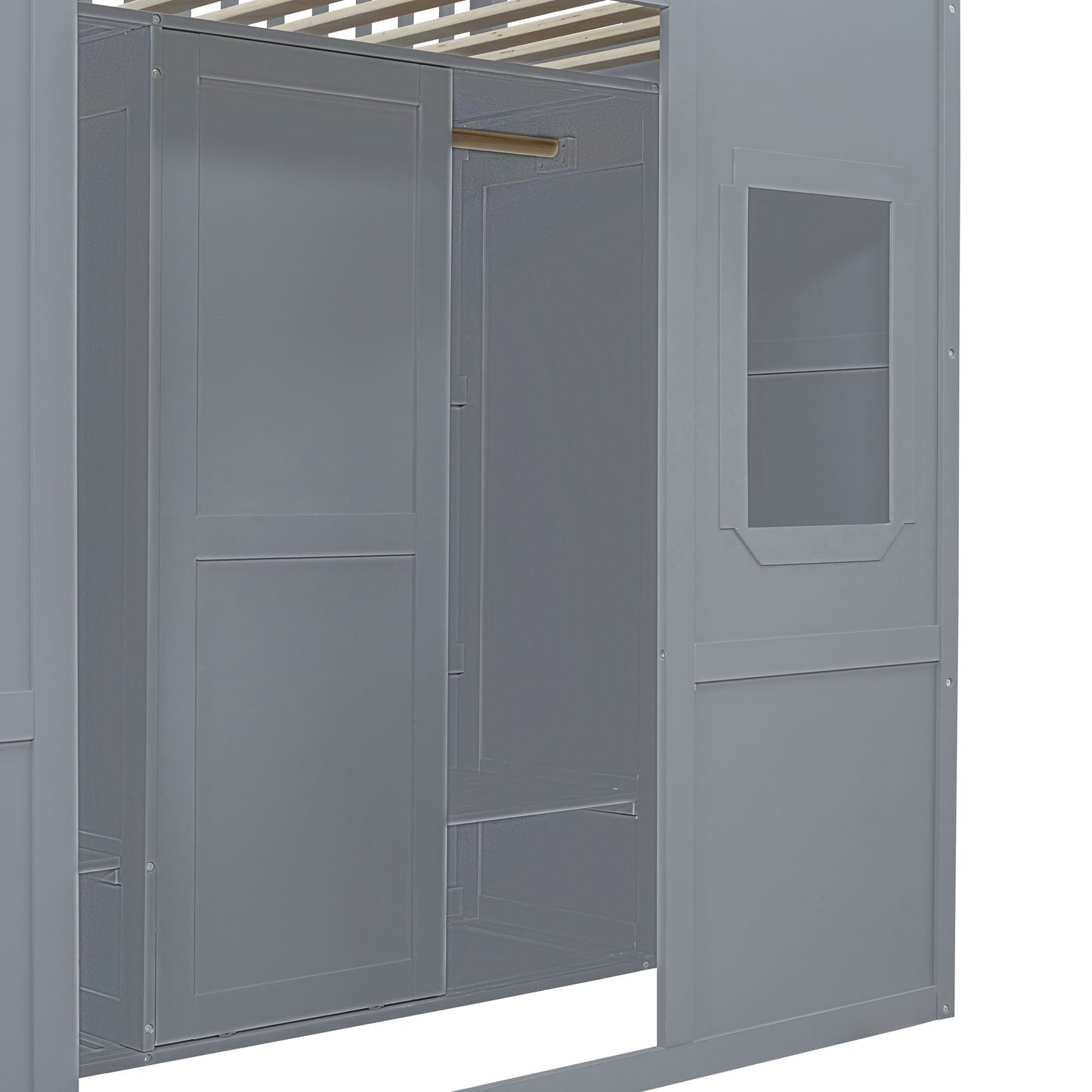 Twin Size House Loft Bed With Ladder And Wardrobe - Gray