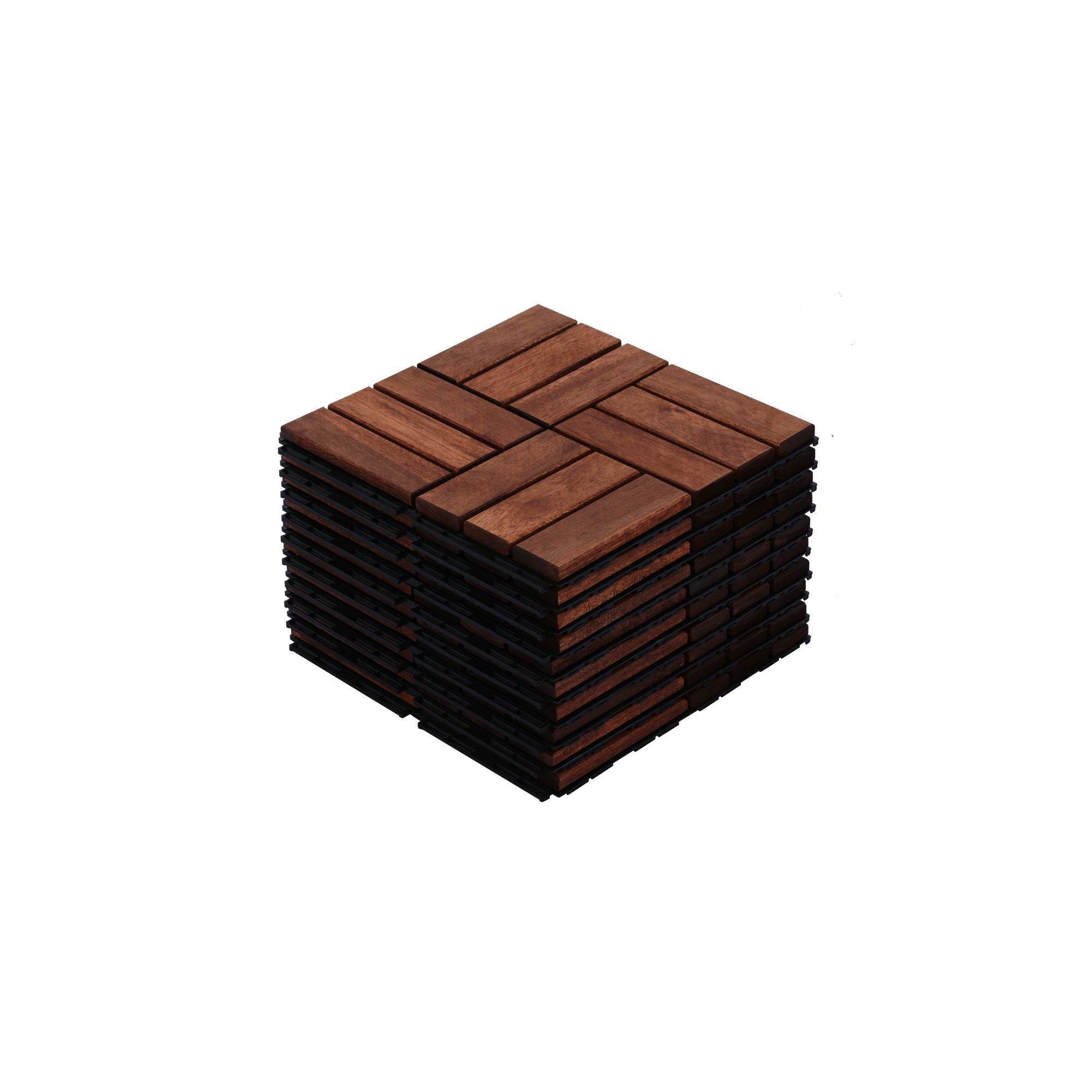 Acacia Wood Interlocking Deck Tiles Checker Pattern, 10 Piece Square Acacia Hardwood Outdoor Flooring For Patio, Bancony, Pool Side - Brown