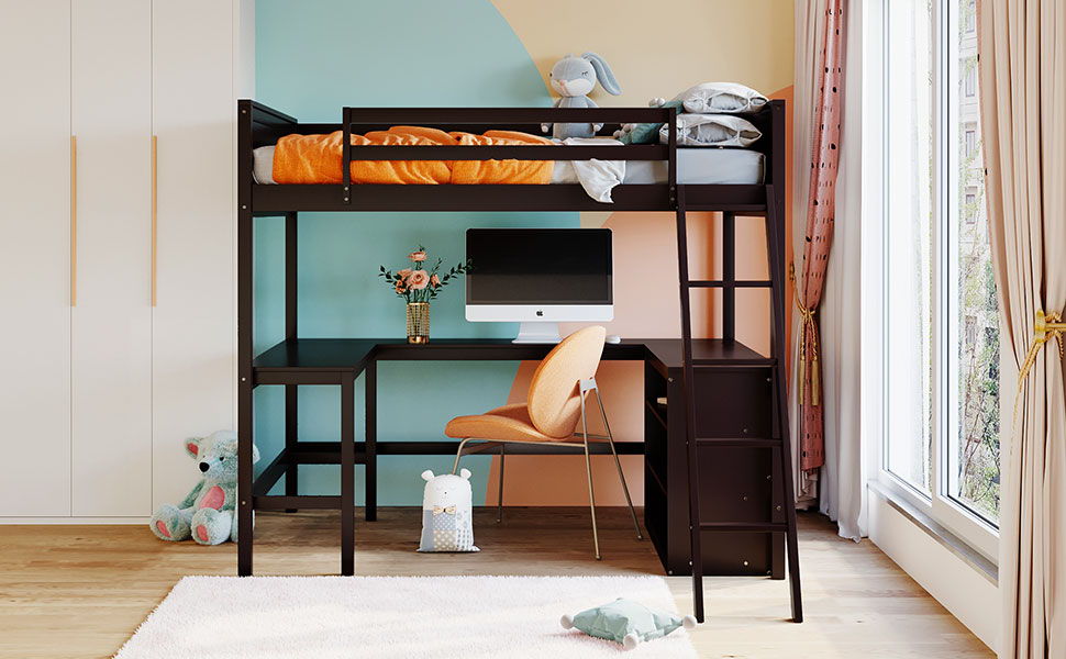 Full Size Loft Bed With Shelves With Desk - Espresso