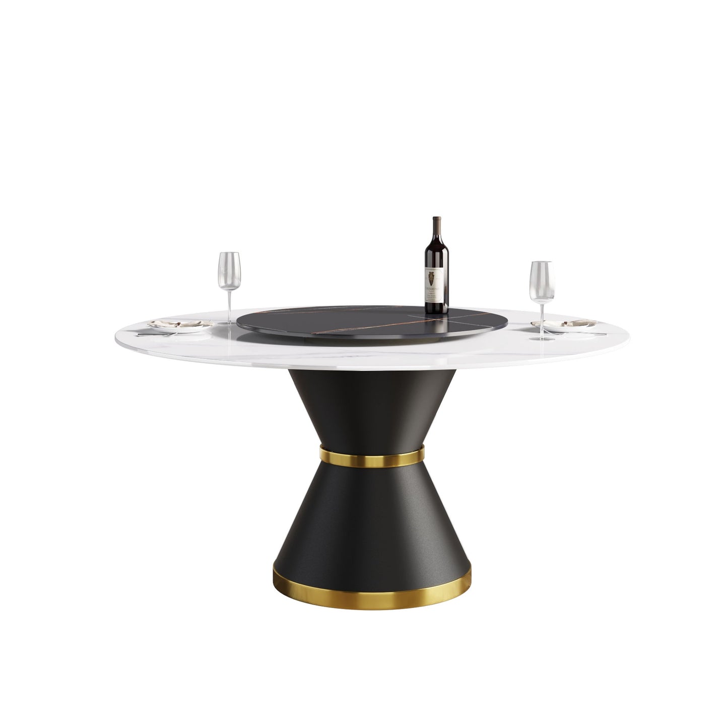 59.05" Modern Artificial Stone Round Carbon Steel Base Dining Table, Black Artificial Stone Turntable - White / Black