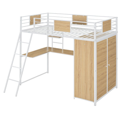 Twin Size Loft Bed With L Shape Desk And Wardrobe - White