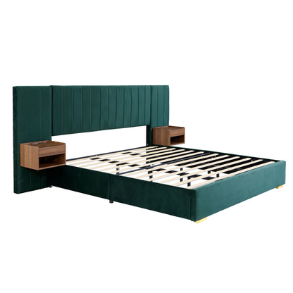 Upholstered King Size Bed Frame Of Velvet Tufted Headboard With Floating Nightstand LED / USB Built-In - Dark Green