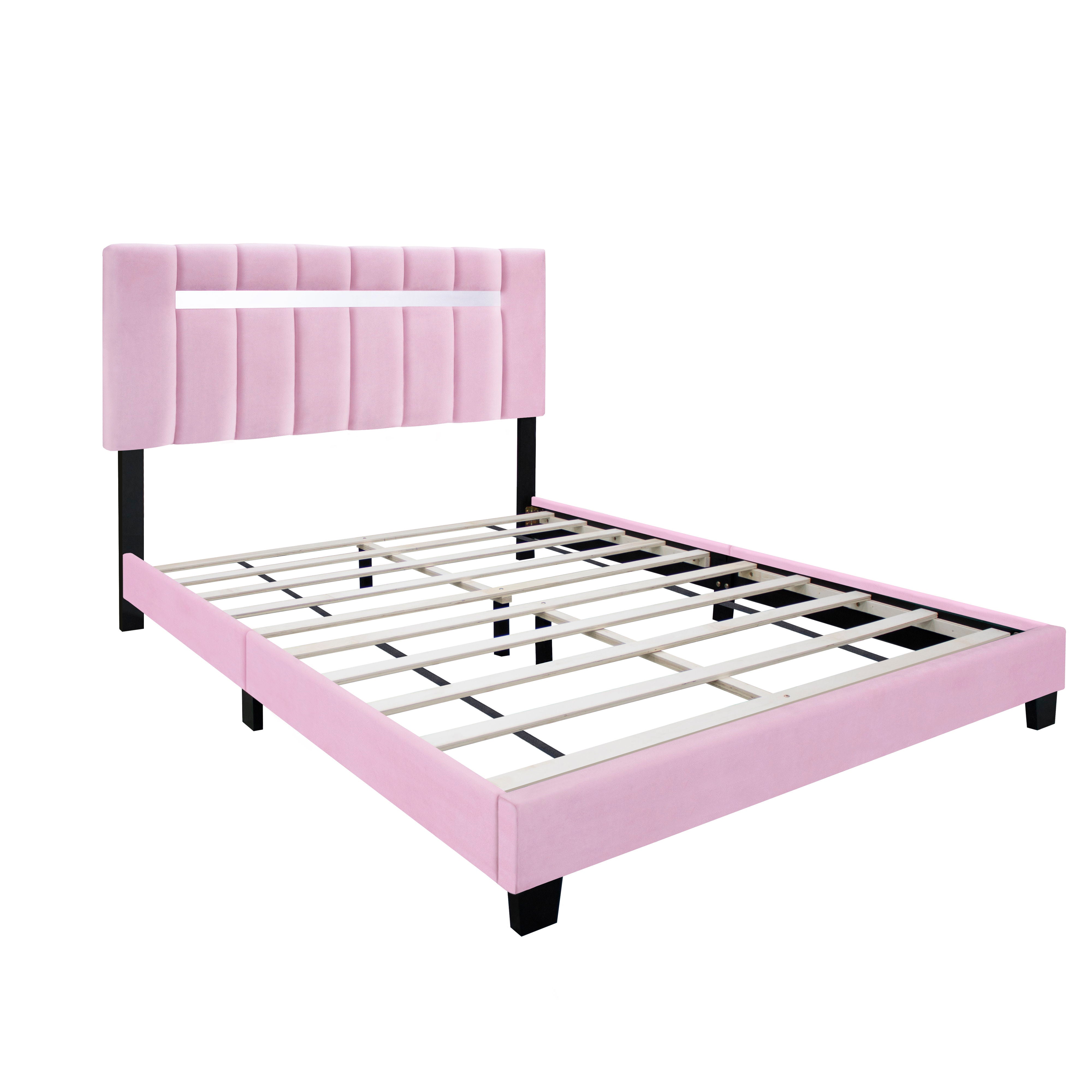 Velvet Upholstered Bed Frame With Adjustable Features, Teenage Girl's Favorite Collection - Pink