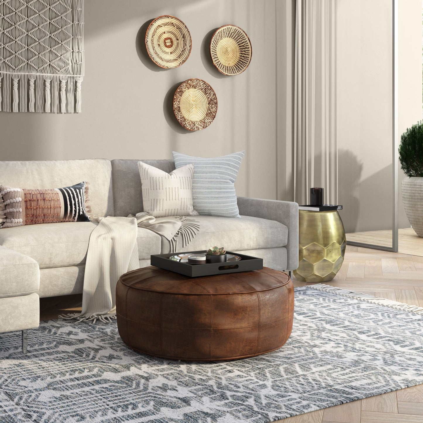 Connor - Round Coffee Table Pouf - Distressed Brown