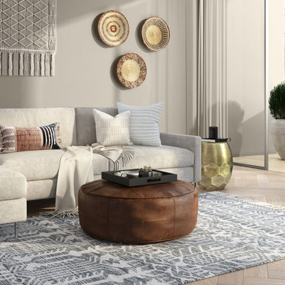 Connor - Round Coffee Table Pouf - Distressed Brown