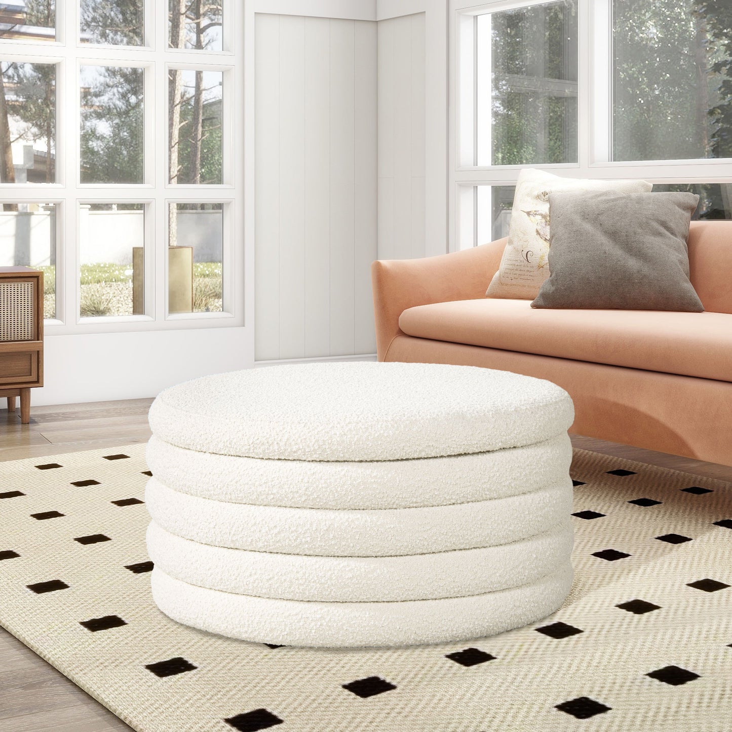 Fuji - Round Upholstered Storage Cocktail Ottoman - Ivory White