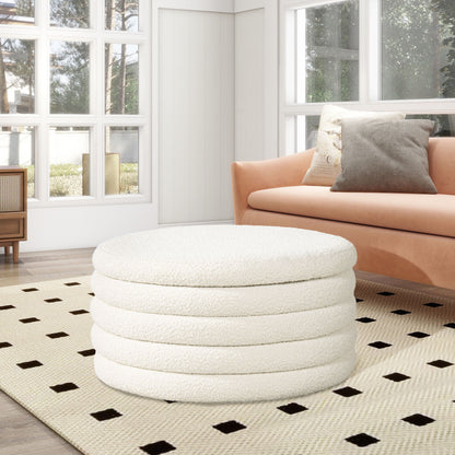 Fuji - Round Upholstered Storage Cocktail Ottoman - Ivory White