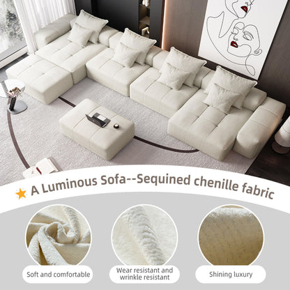 Modern Oversized Modular Sectional Sofa, Sparkling Chenille Fabric Soft Cushion Sofa With 8 Pillows, 8 Pieces Diy Combination Tufted Sofa, No Assembly Required - Beige