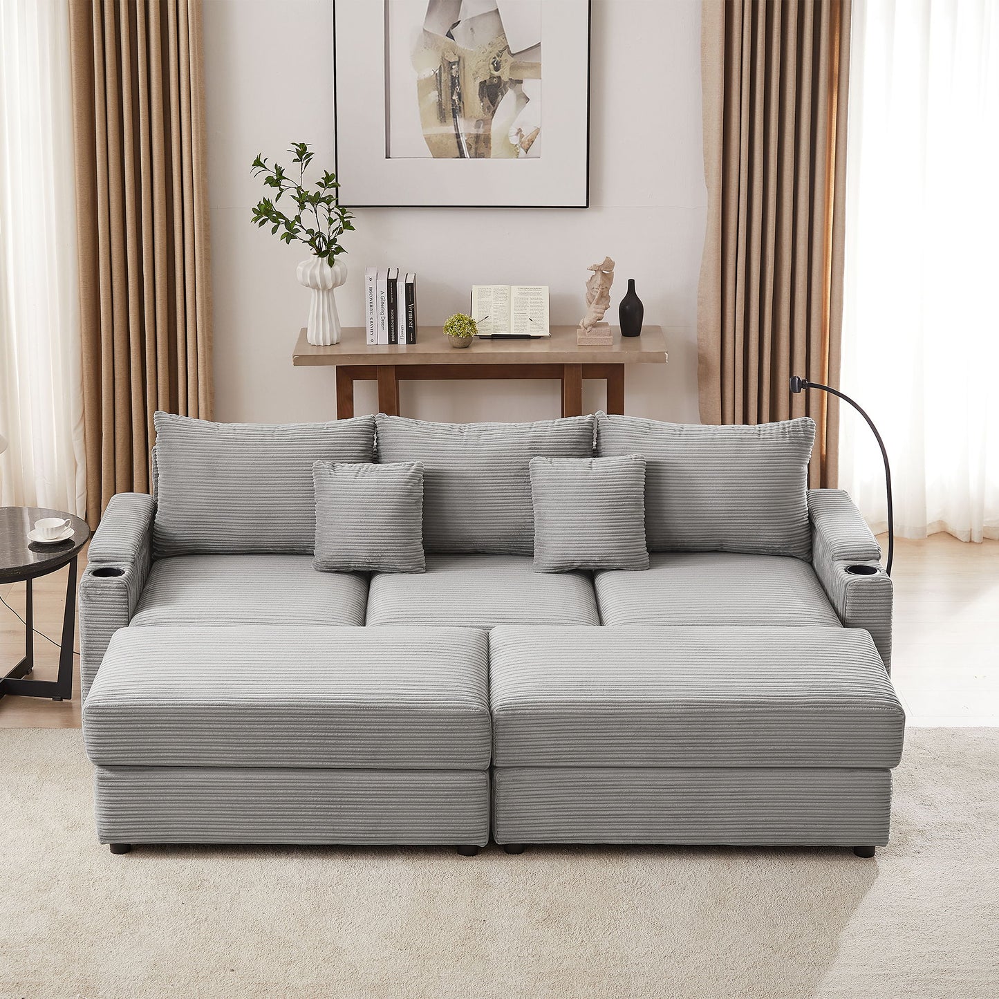 Modern Style 3 - Seater Sofa Sectional Sofa Couch With Storage Space, Two Movable Ottomans, Two USB Ports, Two Cup Holders, A Phone Holder For Living Room - Gray