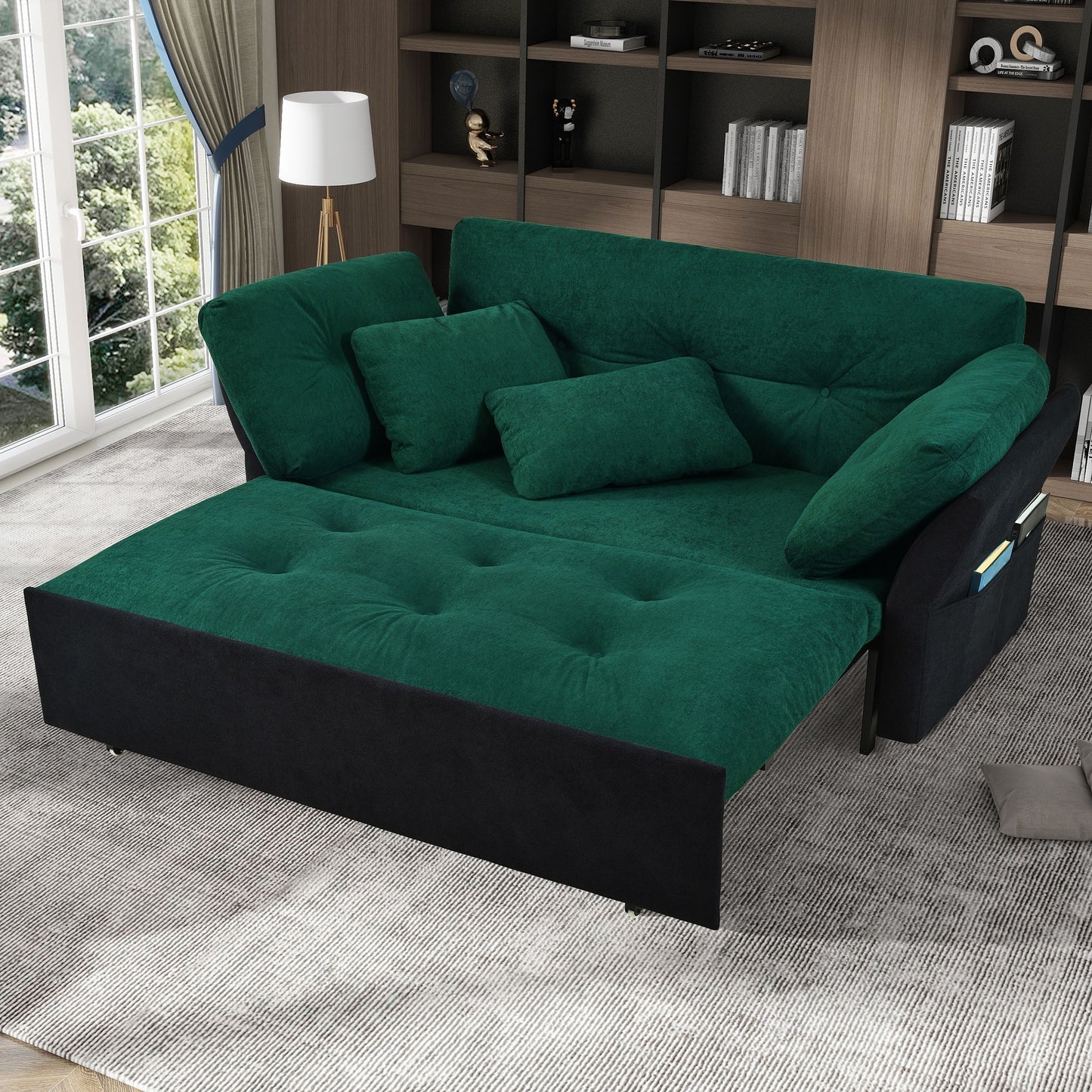 Modern Convertible Sleeper Sofa Bed With Pull Out Queen Design, Side Storage & Thick Cushions Chenille Loveseat For Living Room Or Bedroom 3 In 1 Function - Green