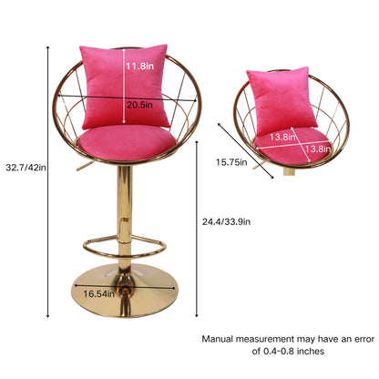 Velvet Bar Chair, Pure Gold Plated, Unique Design, 360 Degree Rotation, Adjustable Height, Suitable For Dining Room And Bar, (Set of 2) - Rose Red