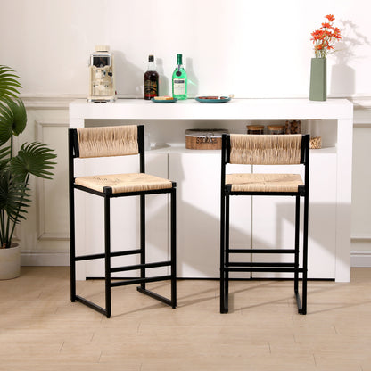 Bar Stools (Set of 2) Paper Rope Weave Dining Chairs With Back Hand Weave Stools For Kichen Island, Bar & Counter - Honey