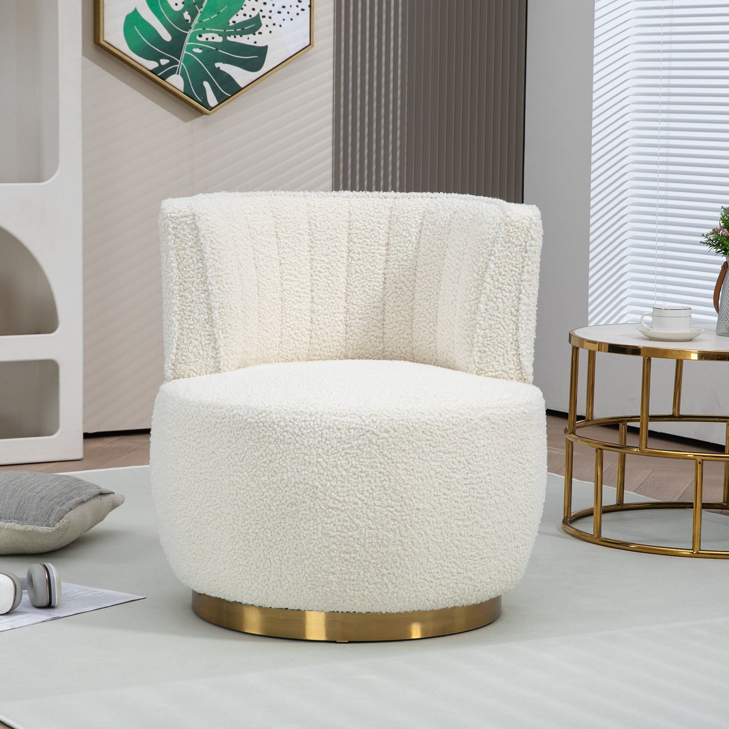 Coolmore - 360 Degree Swivel Cuddle Barrel Accent Sofa Chair, Round Armchair With Wide Upholstered Teddy Fabric - Cream