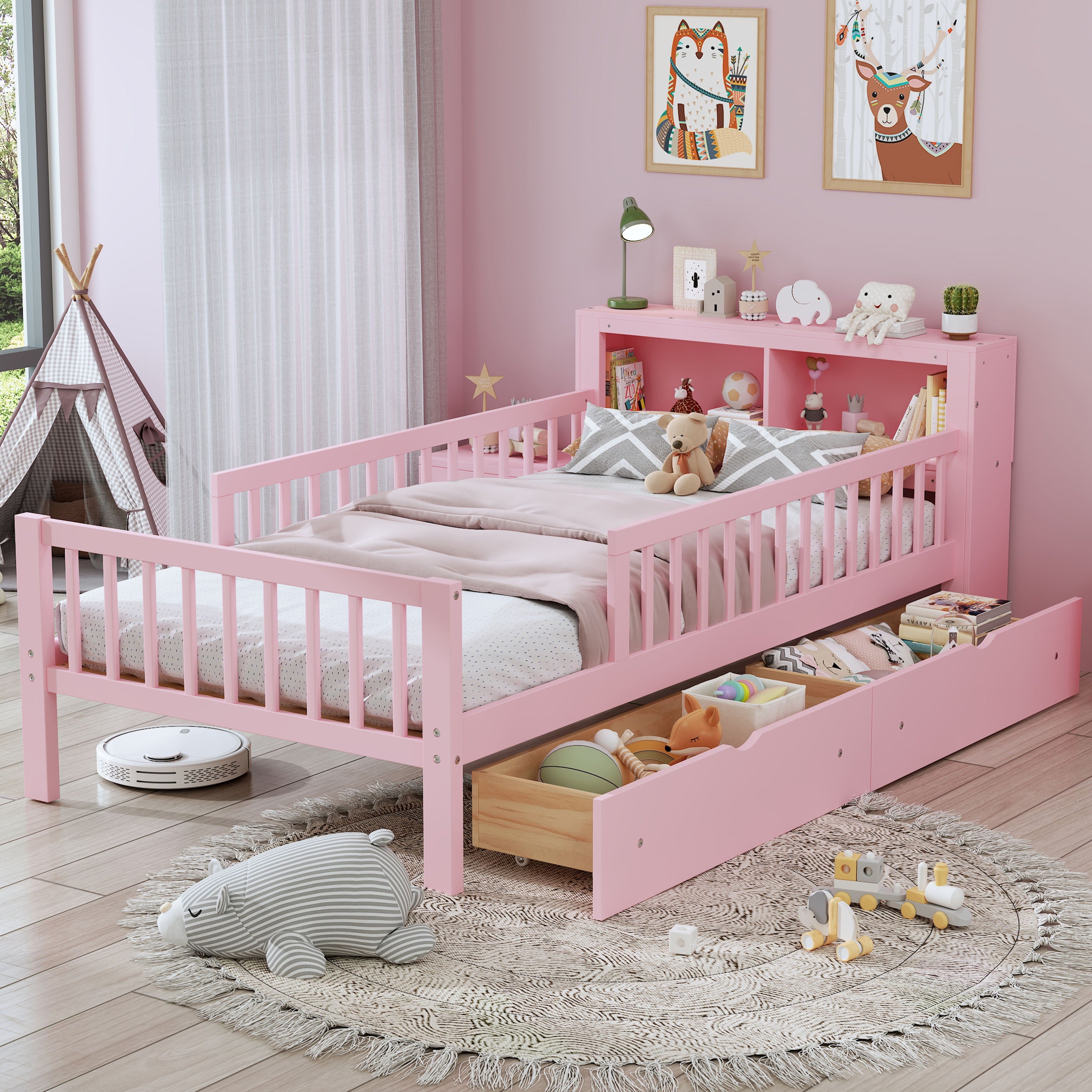 Twin Size Bed With Headboard Storage Rack, 2 Under Bed Drawers, 3 - Side Guardrails For Safety And Security - Pink