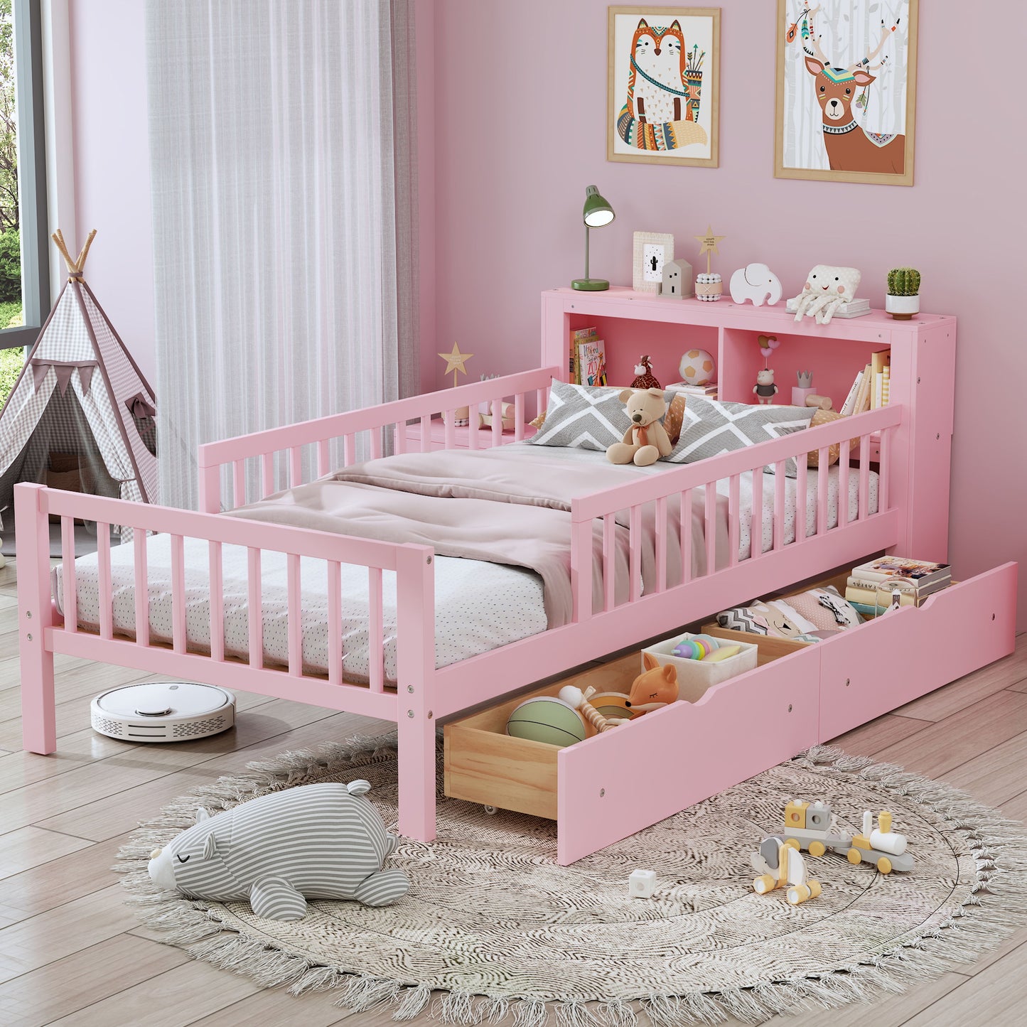 Twin Size Bed With Headboard Storage Rack, 2 Under Bed Drawers, 3 - Side Guardrails For Safety And Security - Pink