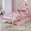 Twin Size Bed With Headboard Storage Rack, 2 Under Bed Drawers, 3 - Side Guardrails For Safety And Security - Pink
