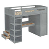 Twin Size Loft Bed With Desk, Wardrobes, 4 Drawers And 4 Shelves Construction - Gray
