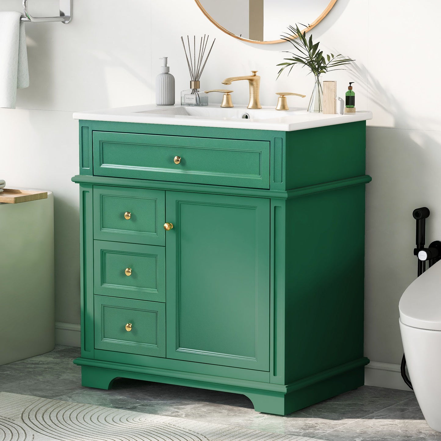 30" Bathroom Vanity With Sink, 1 Tip Out Drawer, 3 Drawers, Door Shelf, Soft Closing Door - Green