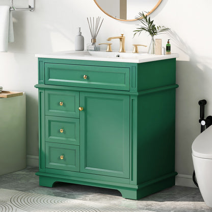30" Bathroom Vanity With Sink, 1 Tip Out Drawer, 3 Drawers, Door Shelf, Soft Closing Door - Green