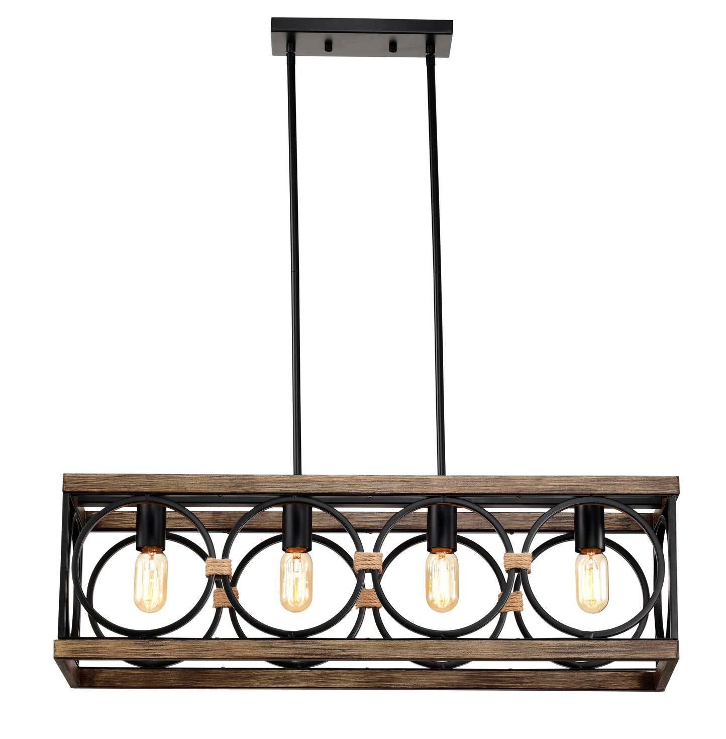 4 Light (Bulb No Included) Farmhouse Rectangle Pendant Light, Wood Texture Vintage Rustic Chandeliers Metal Industrial Hanging Light Fixtures For Kitchen, Entryway, Dining Room - Black / Natural