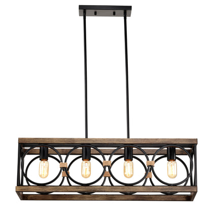 4 Light (Bulb No Included) Farmhouse Rectangle Pendant Light, Wood Texture Vintage Rustic Chandeliers Metal Industrial Hanging Light Fixtures For Kitchen, Entryway, Dining Room - Black / Natural