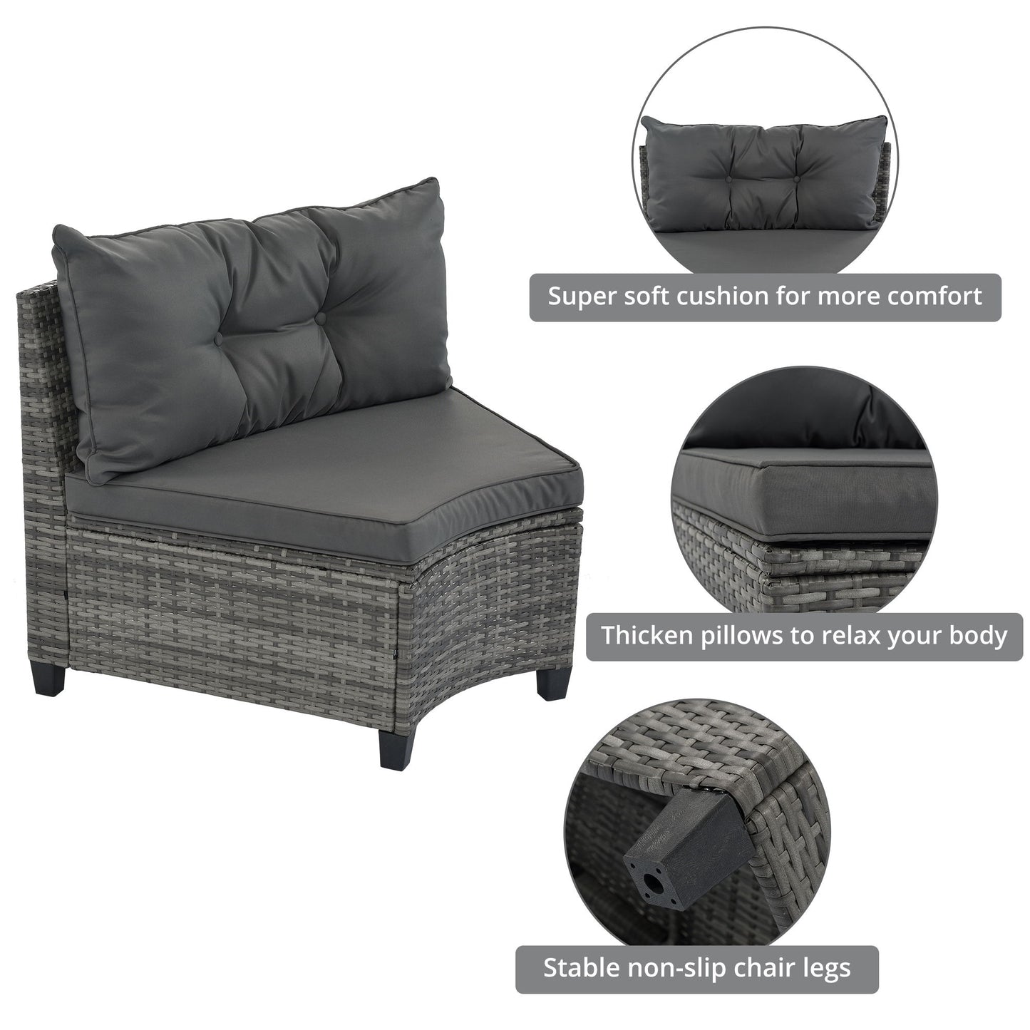 8 Pieces Outdoor Wicker Round Sofa Set, Half-Moon Sectional Sets All Weather, Curved Sofa Set With Rectangular Coffee Table, PE Rattan Water-Resistant And UV Protected, Movable Cushion - Gray
