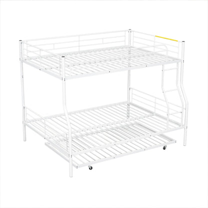Full Long Over Queen Metal Bunk Bed With Trundle - White