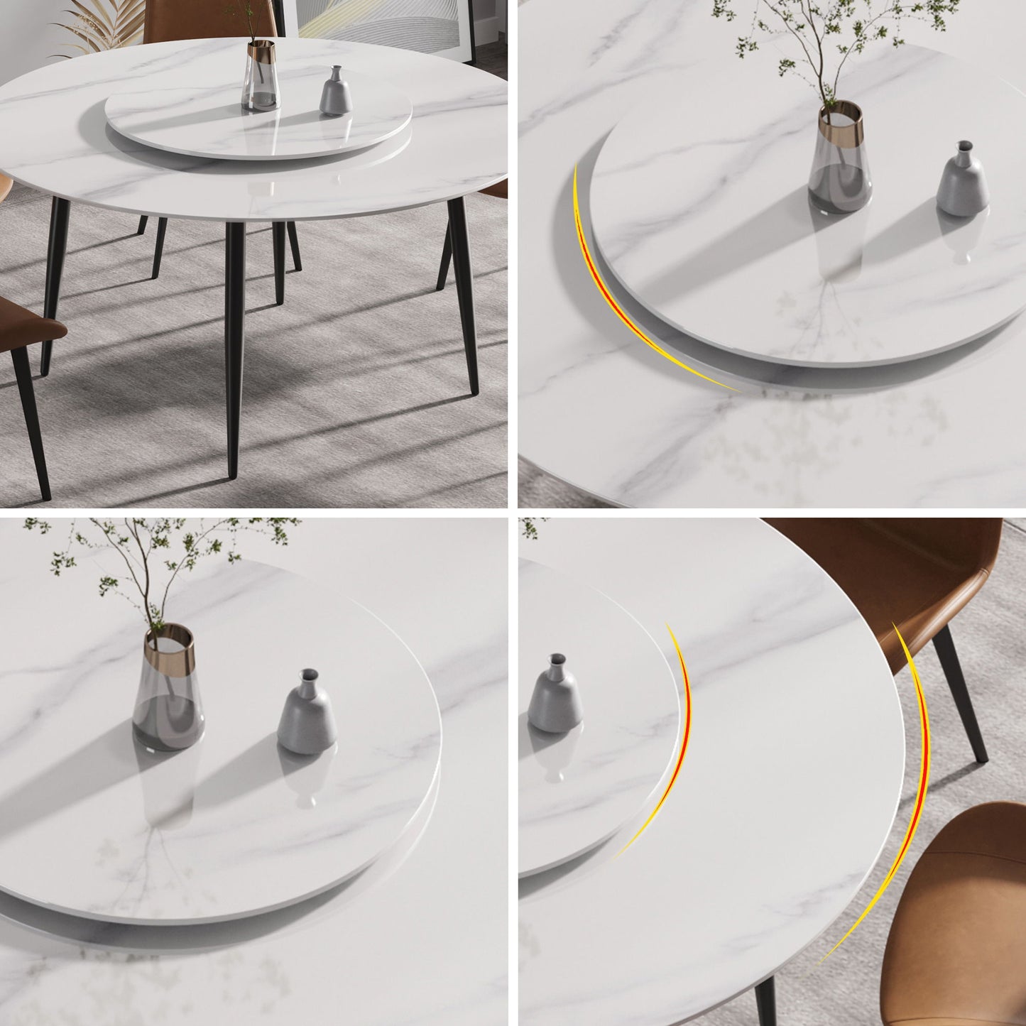 59.05" Modern Artificial Stone Round Metal Dining Table, Can Accommodate 6 People Artificial Stone Turntable - White / Black